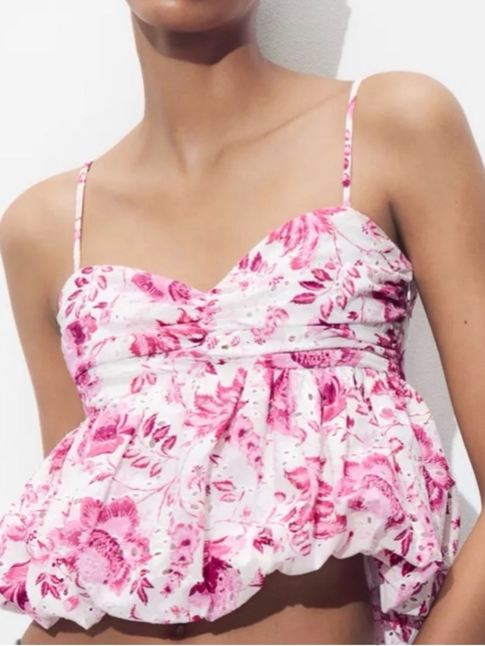 Zara White and Pink Floral Eyelet Spaghetti-Strap Top